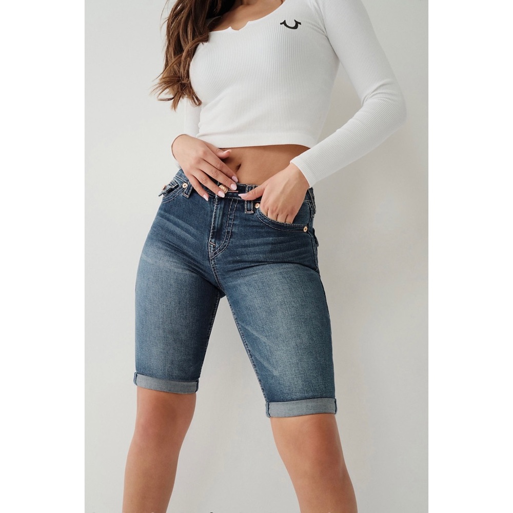 True Religion Riley Big T Stitch Knee Length Shorts Bermuda Flap Pockets Sz 29